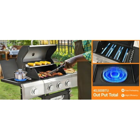 3-Burner Propane Gas Grill with Side Burner - 40,500 BTU Stainless Steel Outdoor BBQ for Family Gatherings & Camping - Large Cooking Surface & Prep Space