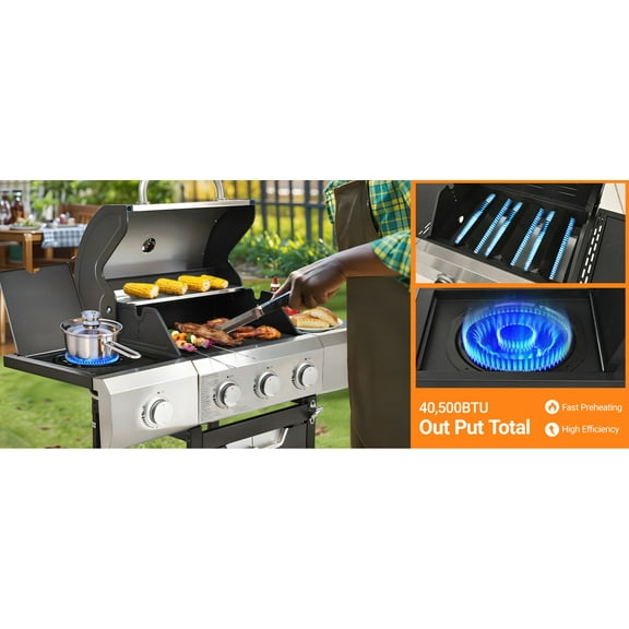 Propane Gas Grill 3-Burner with Side Burner Stainless Steel Outdoor BBQ Grill for Family Gatherings & Camping – 40,500 BTU Cooking Power & Prep Space