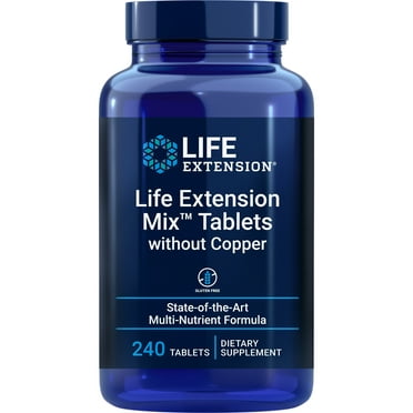 Life Extension Mix Tablets without Copper, high potency, advanced vitamin, mineral, fruit and vegetable formula, vitamin B, C, D, E, for whole-body health, healthy aging, gluten-free, 240 tablets