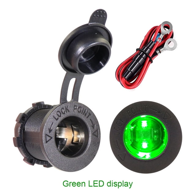 toma de encendedor de cigarrillos likrtyny para automóvil 12v-24v a prueba de agua luz verde vista frontal con carcasa negra de ABS y contactos de cobre, placa circular marcada "LOCK POINT" y LED verde encendido; tapa de goma abatible y cable de alimentación rojo/negro de 60 cm con terminales de anilla incluidos; también apto para alimentar accesorios pequeños.