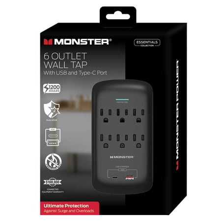 Monster 6-Outlet Wall Tap with USB-A and Type-C USB Ports
