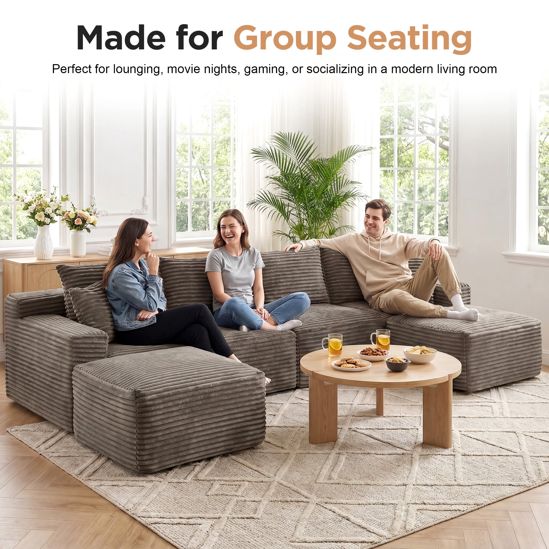 Aenkyo 115" Corduroy U-Shaped Modular Sectional Sofa with 2 Ottomans, 4-Seater, Brown