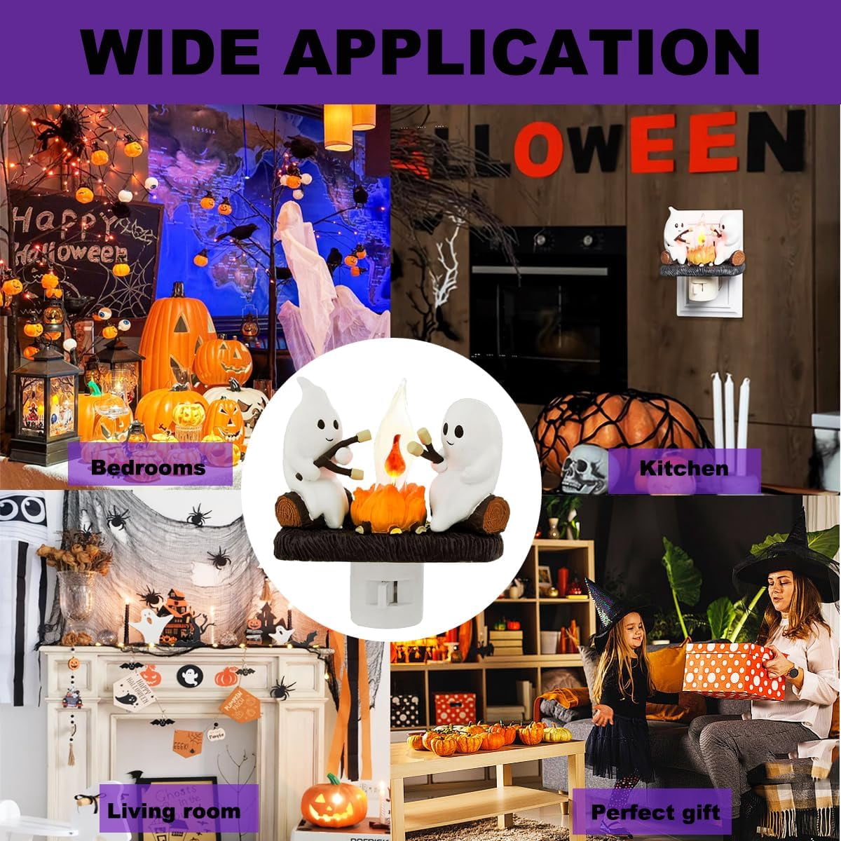 Ghost Campfire Flickering Night Light, Ghosts Campfire Flicker Flame Halloween Nightlight, 3D LED Small Electric Faux Campfire Night Light, Spooky Fire Marshmallow Night Light Halloween Gifts