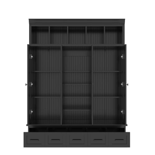 78.7" H Hall Tree with Bench and 5 Storage Cubbies, Modern Entryway Organizer Cabinet with 4 Doors, 5 Drawers, Adjustable Shelves, MDF, Metal Handles, for Hallway, Living Room, Black