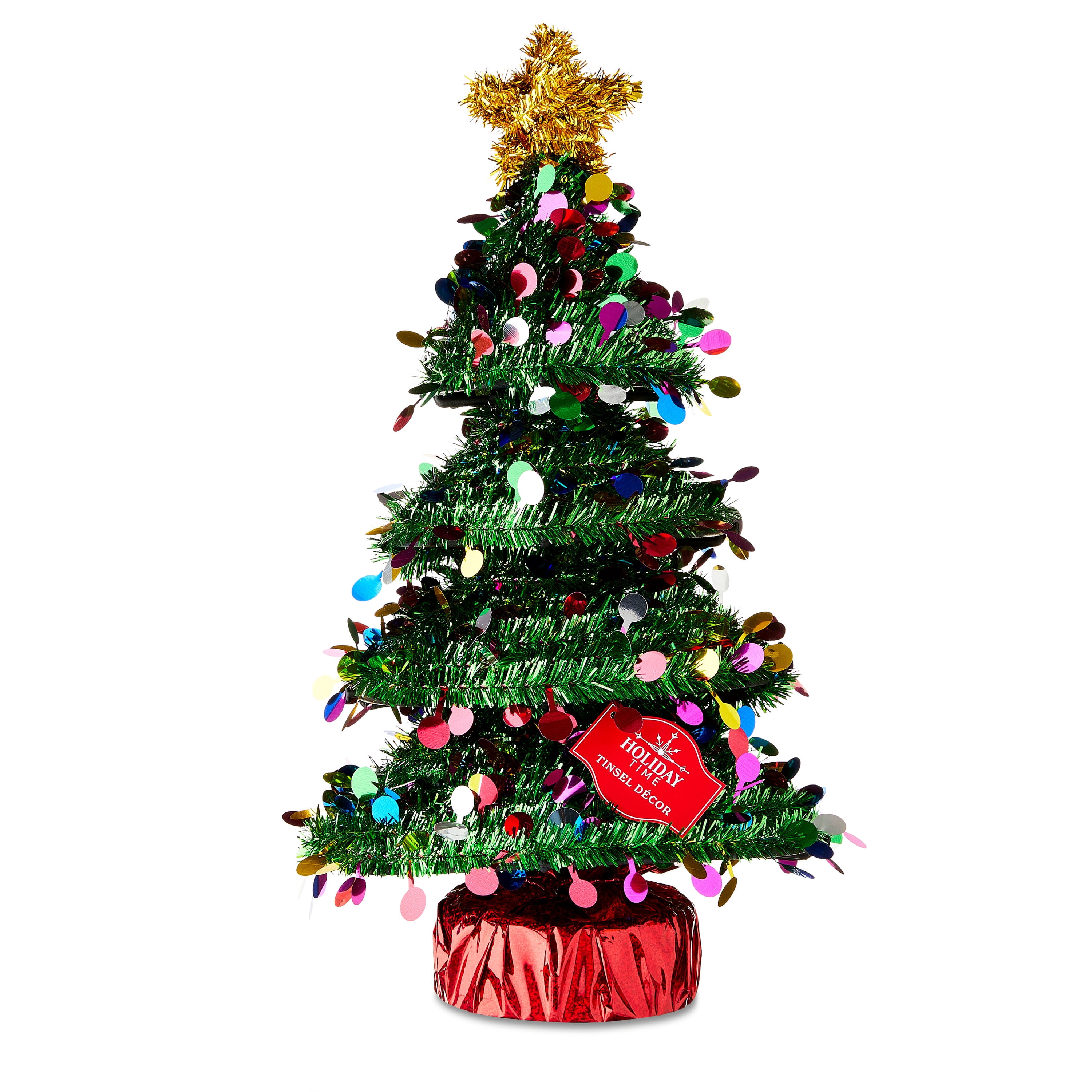 (3 pack) Holiday Time 16" Green Tinsel Christmas Tree Table Top Decoration With Star