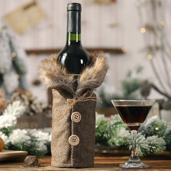 Christmas Wine Bottle Sleeve | Striped Plaid Red Brown Fabric Cover | Insulated Protective Skirt for Standard Wine Bottles | Decorative Table Accent | Holiday Dining & Gift Accessory