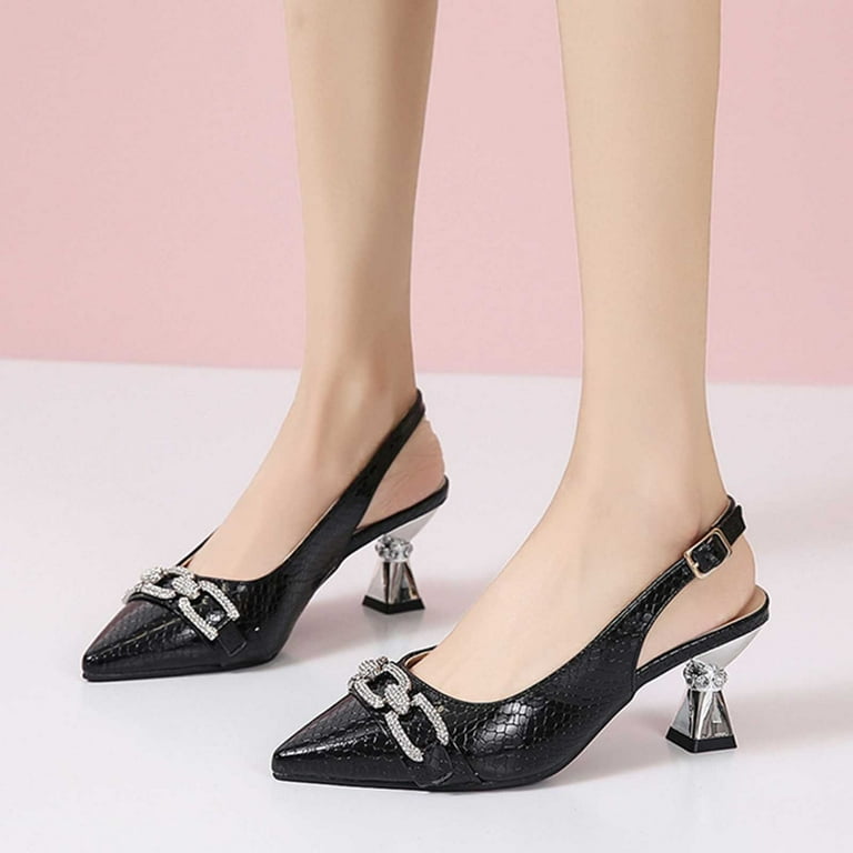 KIJBLAE Women High Heels Shoes Clearance Summer New Large Size French Bun Head Fine Heel Pointed Back Trip With Rhinestone High Heel Sandals Black 42 High Heels Shoes Reduced Price Walmart