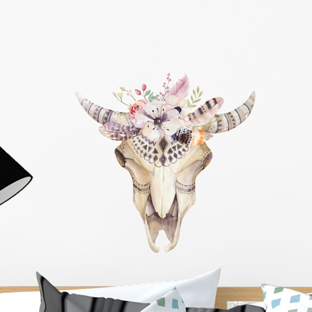 Watercolor Bohemian Cow Skull Wall Decal Wallmonkeys Peel And Stick Graphic 18 In H X 17 In W Wm502480 Walmart Com Walmart Com