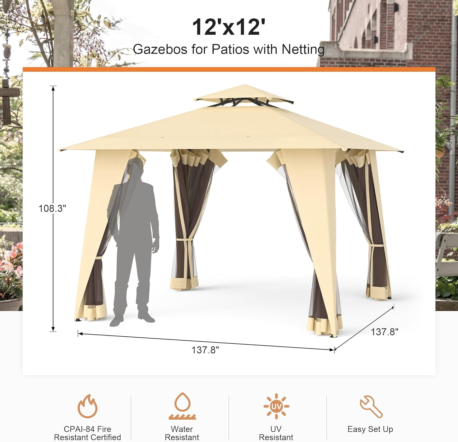 Phonjoroo Metal Patio Gazebo Outdoor 2-Tier Canopy Party Tent with Mesh Sidewalls 12x12 Beige