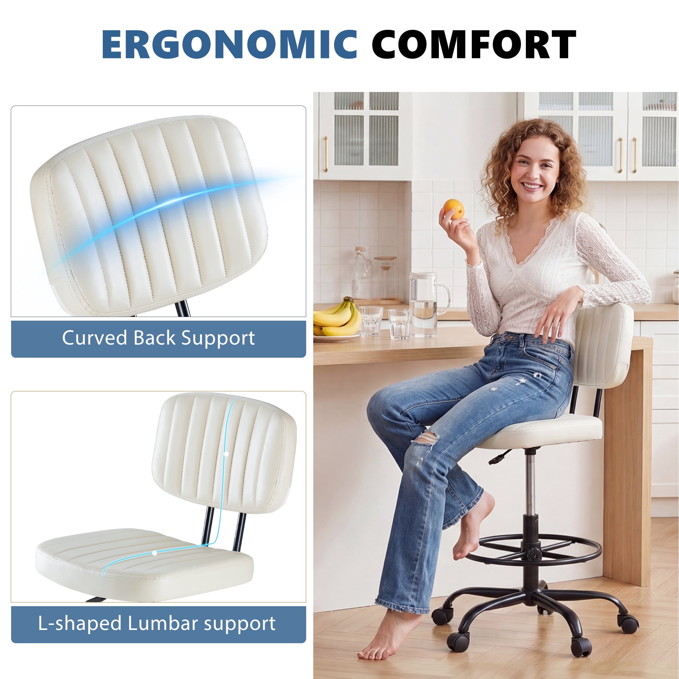 edx Adjustable Height & Foot Rest Office Desk Chairs with Backrest, PU Leather Modern Rolling Stool with Wheels 360°Swivel Task Chair for Home Office Bar Kitchen Shop(Beige)