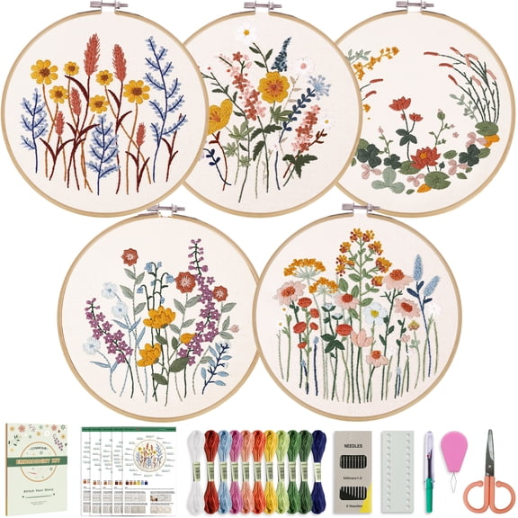 Tmtamye Embroidery Kit for Beginners, 5 Pack, Stamped Fabric with Video Tutorials