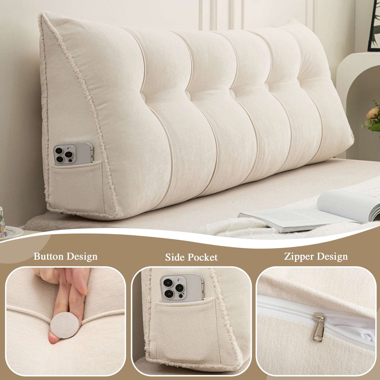 Desirable Life Triangular Headboard Pillow with Side Pockets, Chenille Fabric, Bed Rest Reading Pillow, Removable & Washable Cover, Contrasting-Color Fabric Piping, Daybed Wedge Pillow for Twin Beds