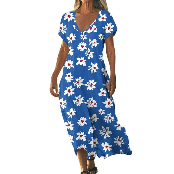 Women's Summer Maxi Dress, Short Sleeve V-Neck Floral Print Casual Loose Beach Sundress for Vacation and Daily Wear,Blue L