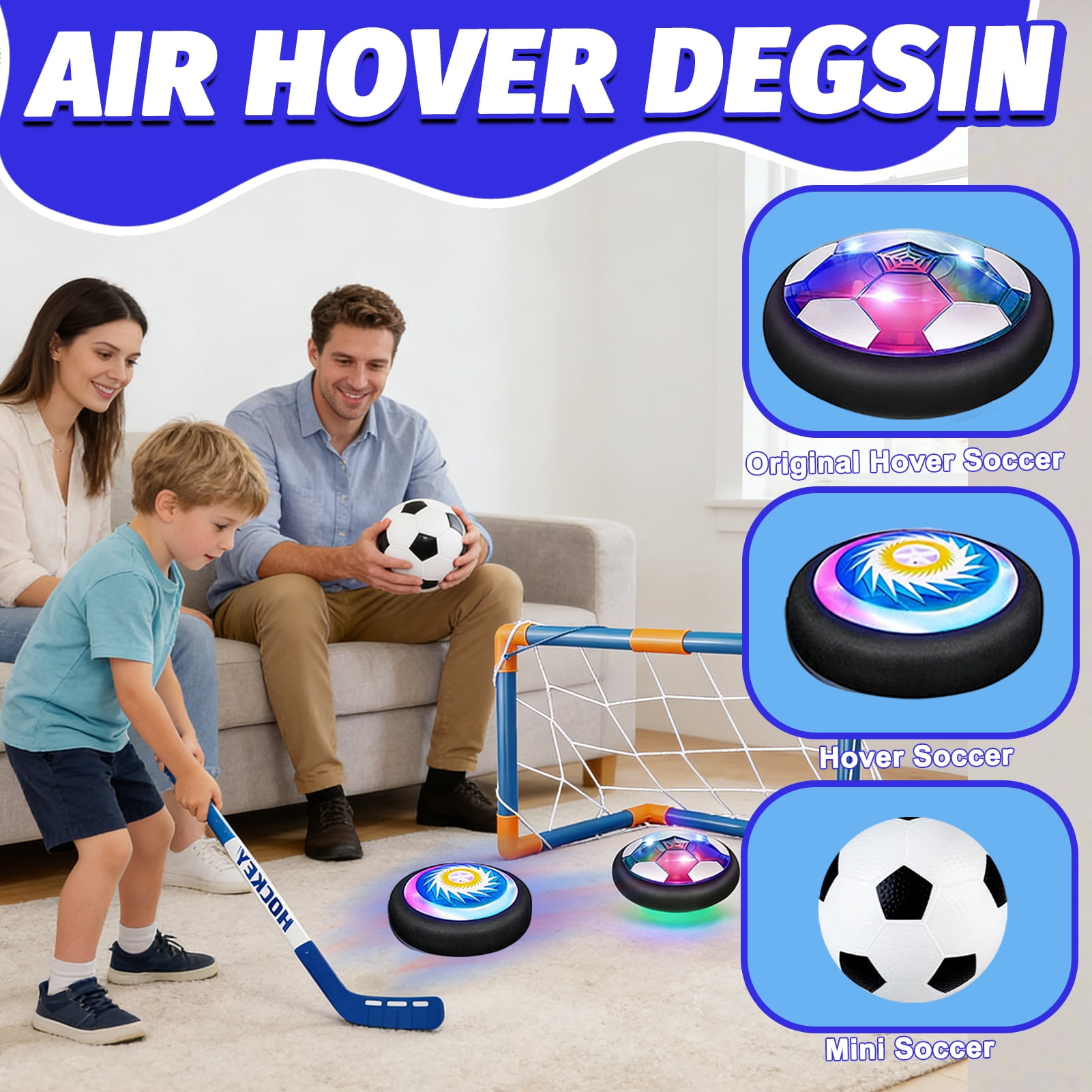 Leimiao 3-in-1 Hover Soccer Ball, Kids Toddler Hockey Set with LED Lights,Indoor Outdoor Toys for Kids 3+