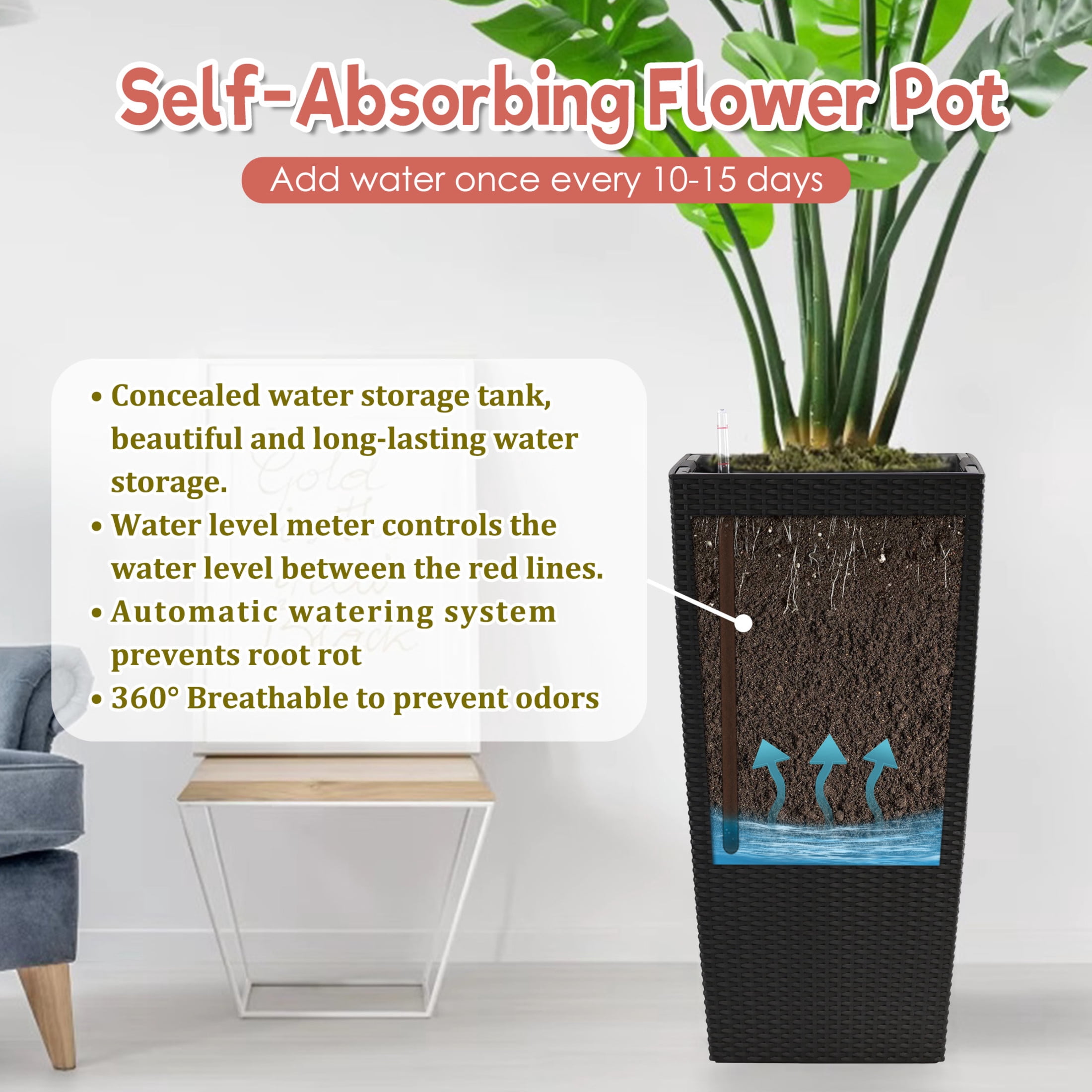 Noble House 30" Tall Self-Watering Planter, Large Indoor Outdoor Flower Pot with Water Level Monitor, Black