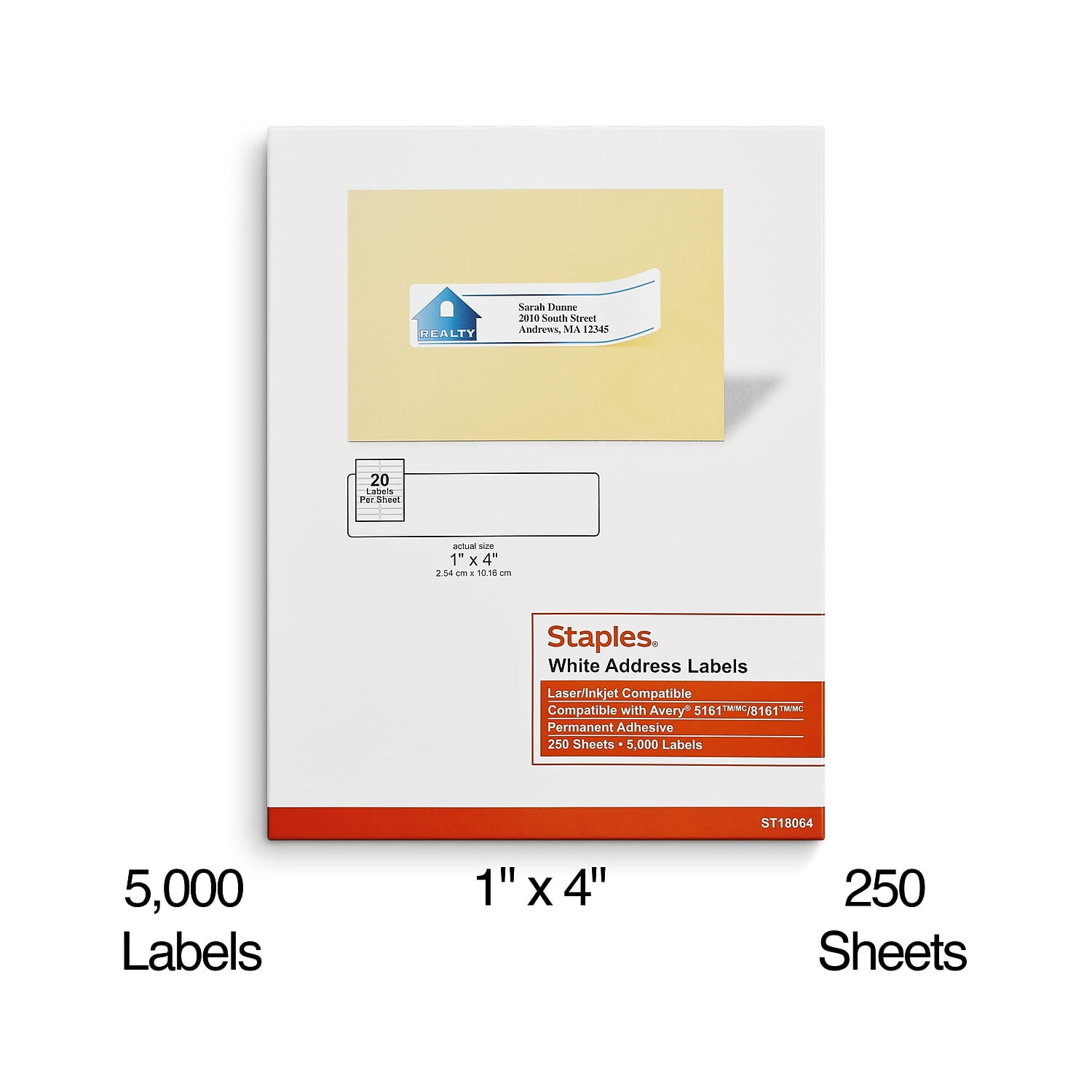 Staples Laser/Inkjet Address Labels 1" x 4" Bright White 20 Labels/Sheet 10000/Carton ST18064-CCVS