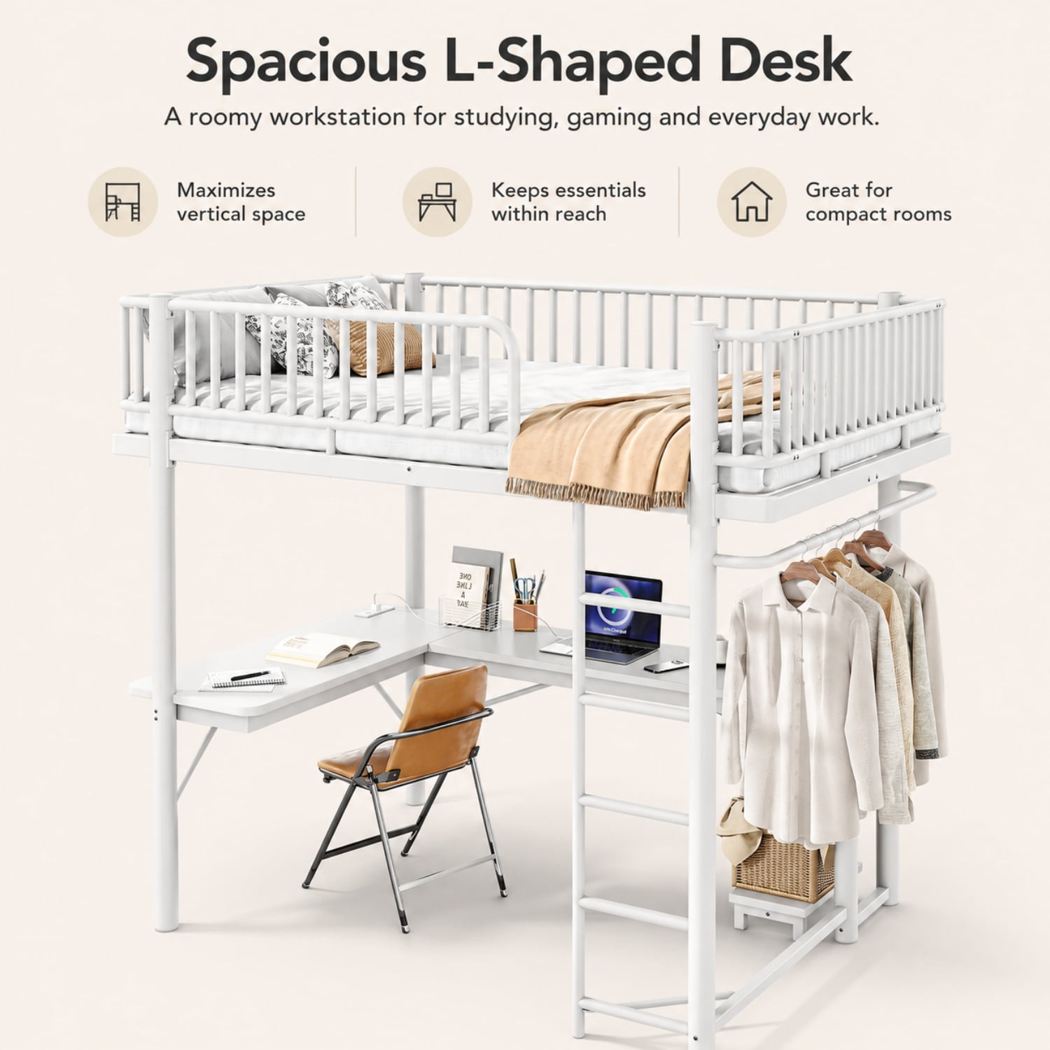 Miniyam Full Metal Loft Bed with L-Shaped Desk, LED Light Strip, Charging Station and PC Tower Tray, White