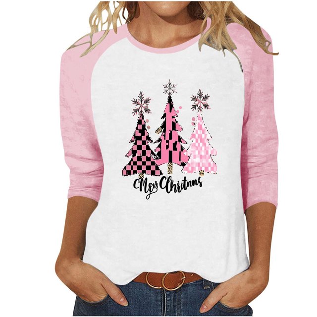 LckLvx T-Shirts de Noël pour Femmes Col Rond Manches 3/4 Raglan Chandail Tops Mignons Graphiques Décontractés