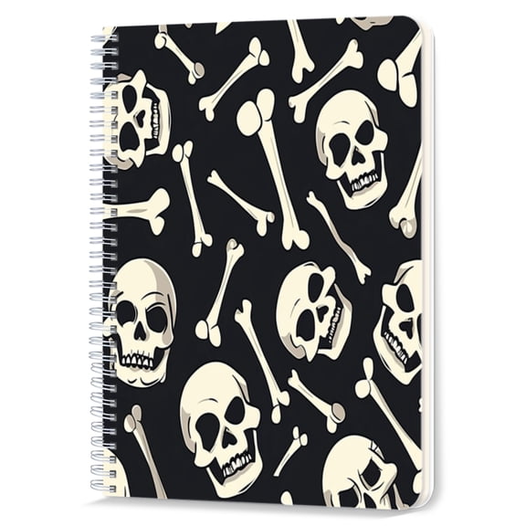 Spiral Notebook,Double-Wire Spiral College Lined Journal Notebook for Study and Notes,100 Pages,5.71x 8.26 in - Monochrome Skulls and Bones Pattern on Black