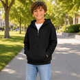 thumbnail image 3 of Hoodie For Boys Waffle Knit Quarter Zip Long Sleeve Hooded Sweatshirt With Pocket Kids Boy Fall Pullovers Teens Preppy Clothes Black Size 5-6 Years, 3 of 8