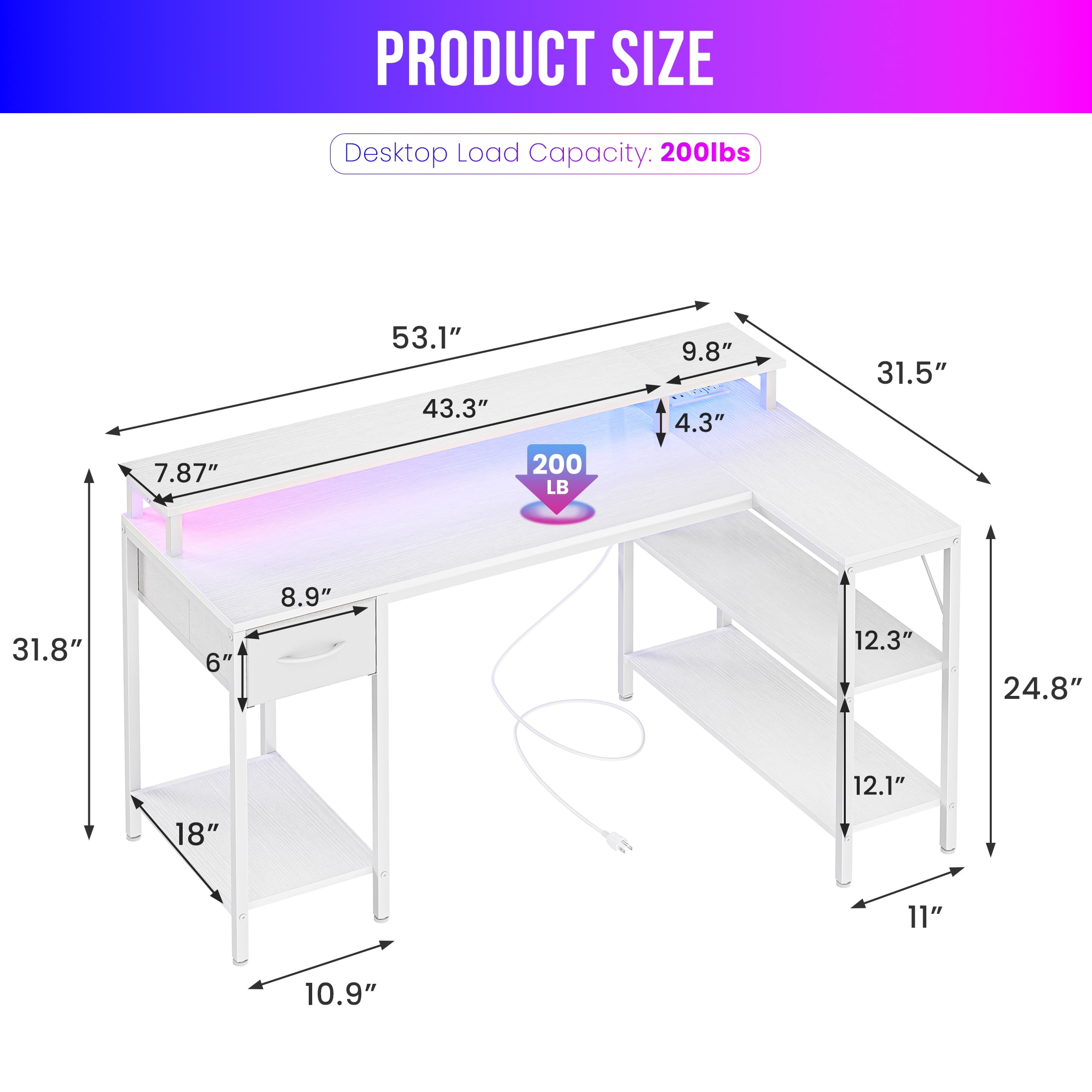 EDX 53 Inch L Shaped Gaming Desk with Power Outlet & LED Light, Reversible Computer Desk with Shelves & Monitor Stand, Corner Desk with Drawer for Home Office, White