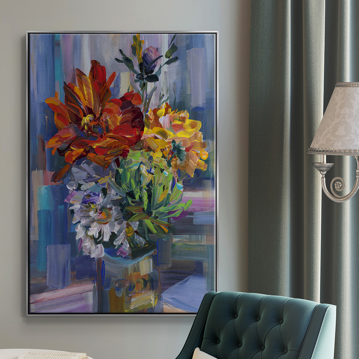 Modern Bouquet Framed Premium Gallery Wrapped Canvas - Ready to Hang - 17 x 25 - Silver Floating Frame