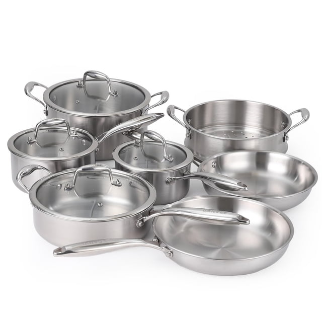 11-Piece 3-Ply Stainless Steel Cookware Set with Lids, Professional Pots & Pans Set – Induction/Oven/Dishwasher Safe, Non-Toxic & Warp-Resistant for Even Heating