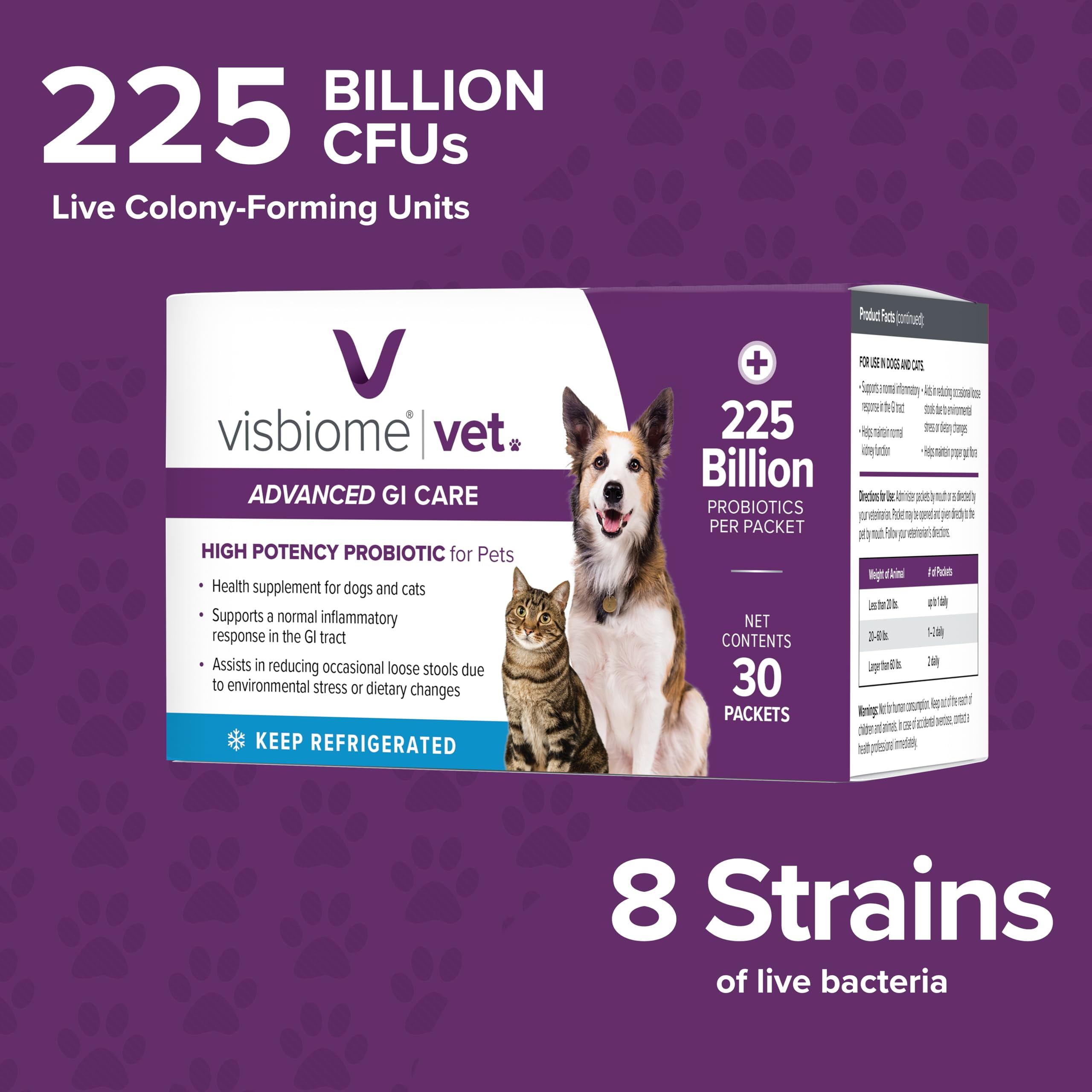 Visbiome® Vet Advanced GI Care High Potency Probiotic for Dogs & Cats – 225B CFU, 8-Strain Formula – Refrigerated, Veterinarian Recommended, Clean Label Certified – 90 Packets