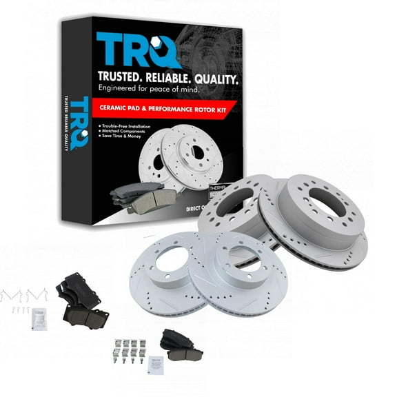 TRQ Front and Rear Performance Brake Pad & Rotor Kit Brake Pads Brake Rotors Set Ceramic Premium G-Coated Fits Select 2003-2009 Lexus GX470 Toyota 4Runner