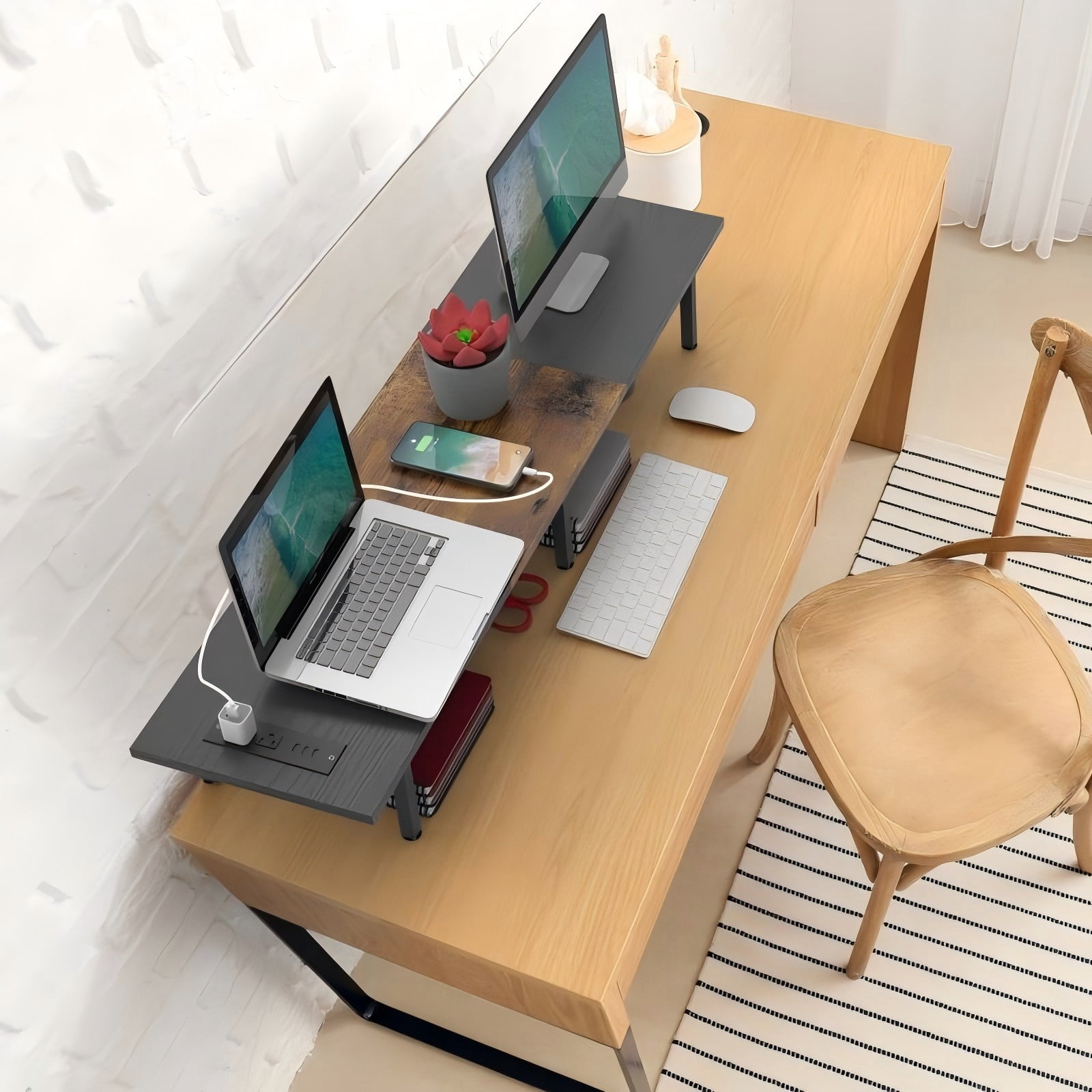 37.5" Extra Long Dual Monitor Stand Riser, Wood & Steel Desktop Organizer for 2 Monitors, TV/Laptop/Printer Holder with Integrated USB Ports, Black&Brown