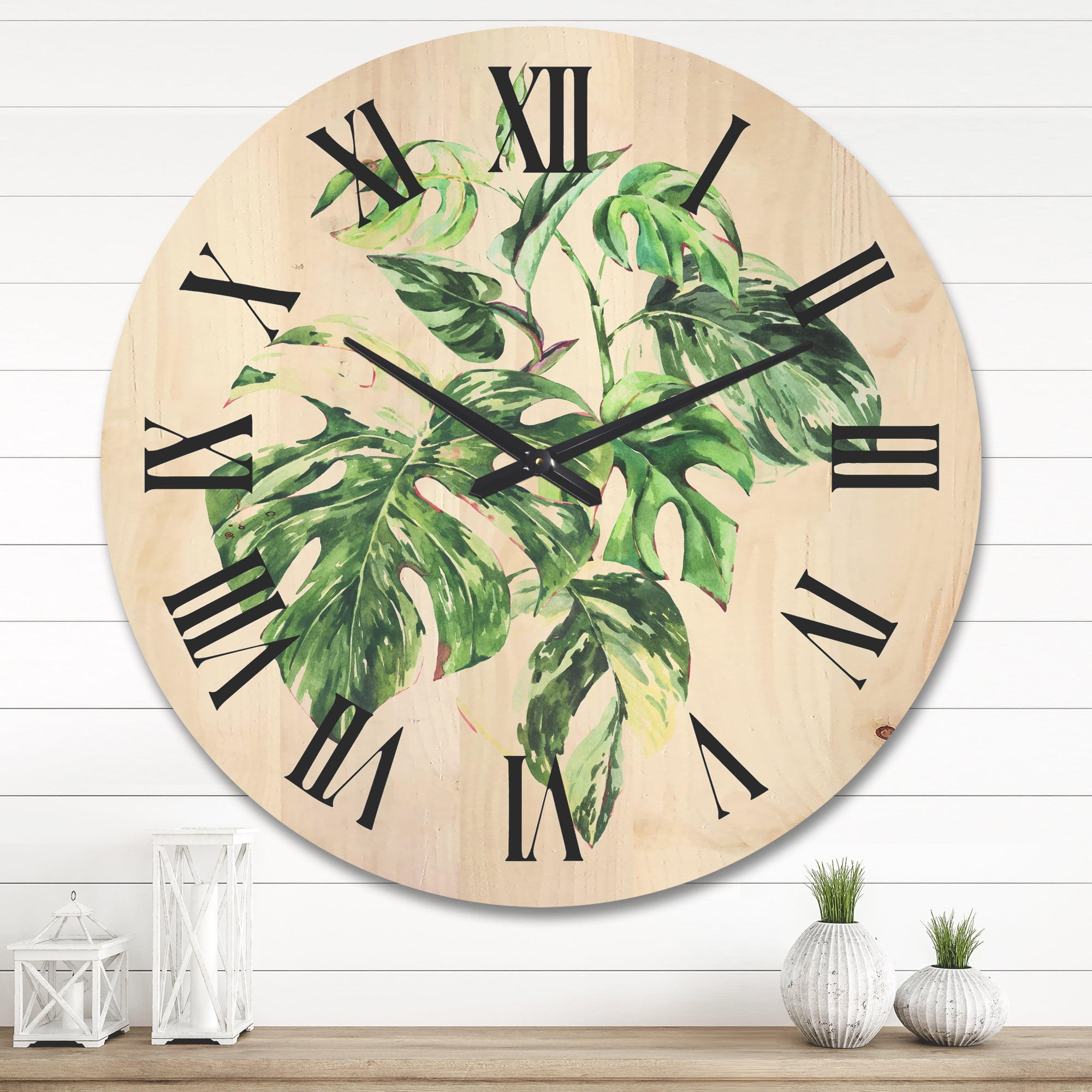 Designart 'Tropical Green Leaves On White In Summer Times I' Tropical Wood Wall Clock