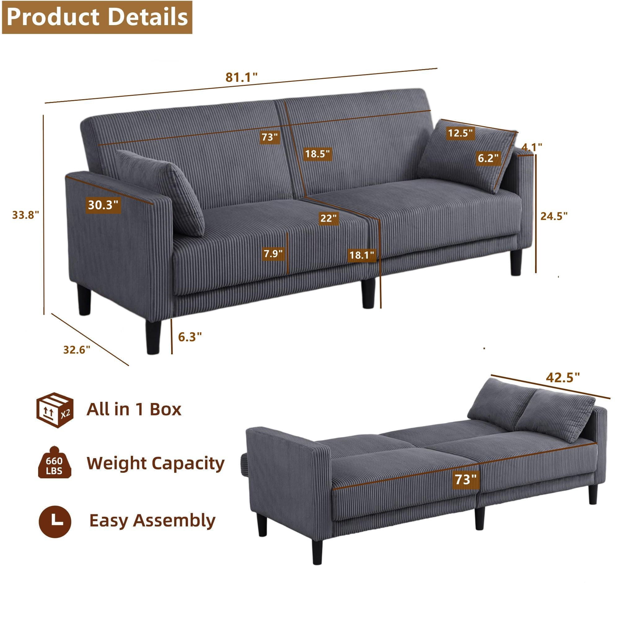 Aukfa 81" Oversized Futon Convertible Sofa Bed for Living Room, 2 Pillow, Corduroy Couch, Dark Gray