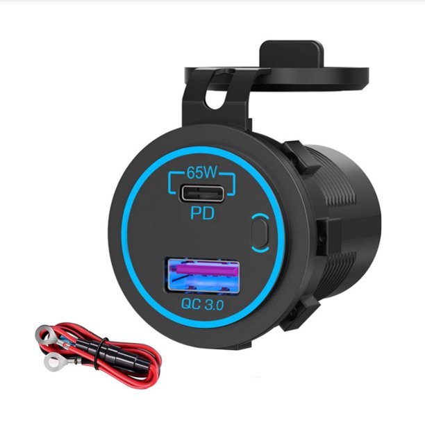Toma USB 65W PD 12V para computadora portátil - Enchufe para cargador de automóvil Toma USB multipuerto Carga rápida 3.0 18W con interruptor de encendido largo