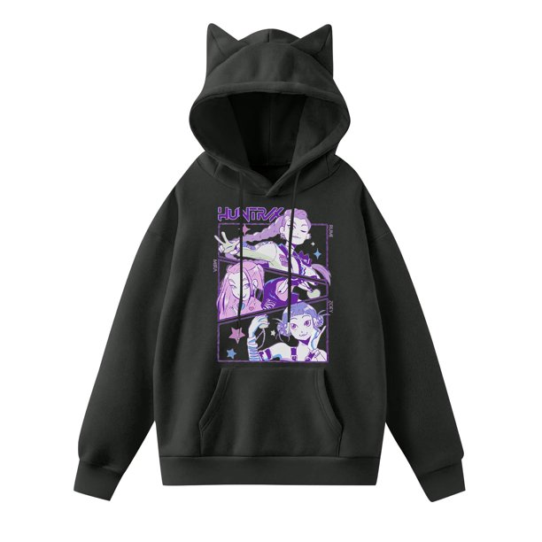 pop Huntrix Print Cat Ears Hoodie with De-mon Sweatshirt HUNTRX Movie Fashion Streetwear Long Sleeve Print Soft Sweatshirt 2XL