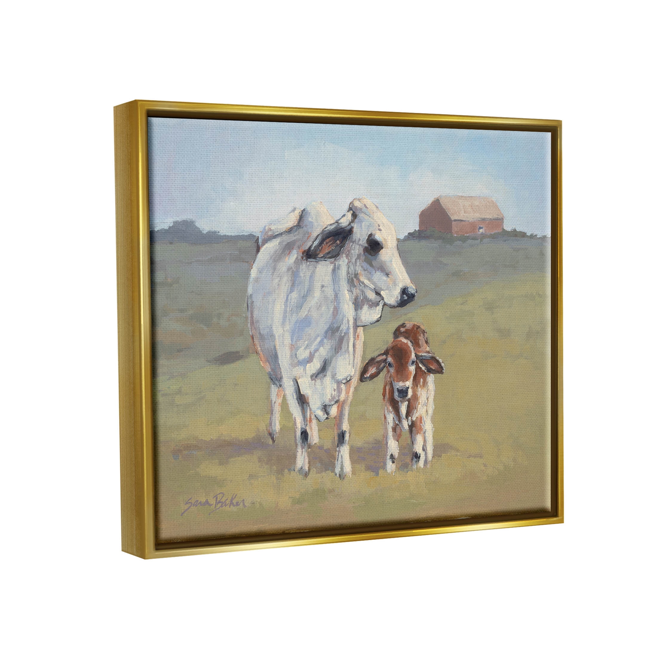 Baby Cow Family Farm Portrait Animals & Insects Painting Metallic Gold Framed Art Print Wall Art