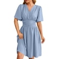 thumbnail image 1 of TSADFHJI Jupe Noire pour Filles Taille 4 Robe Mode Unie Col en V Taille Manches Évasées L Bleu, 1 of 8