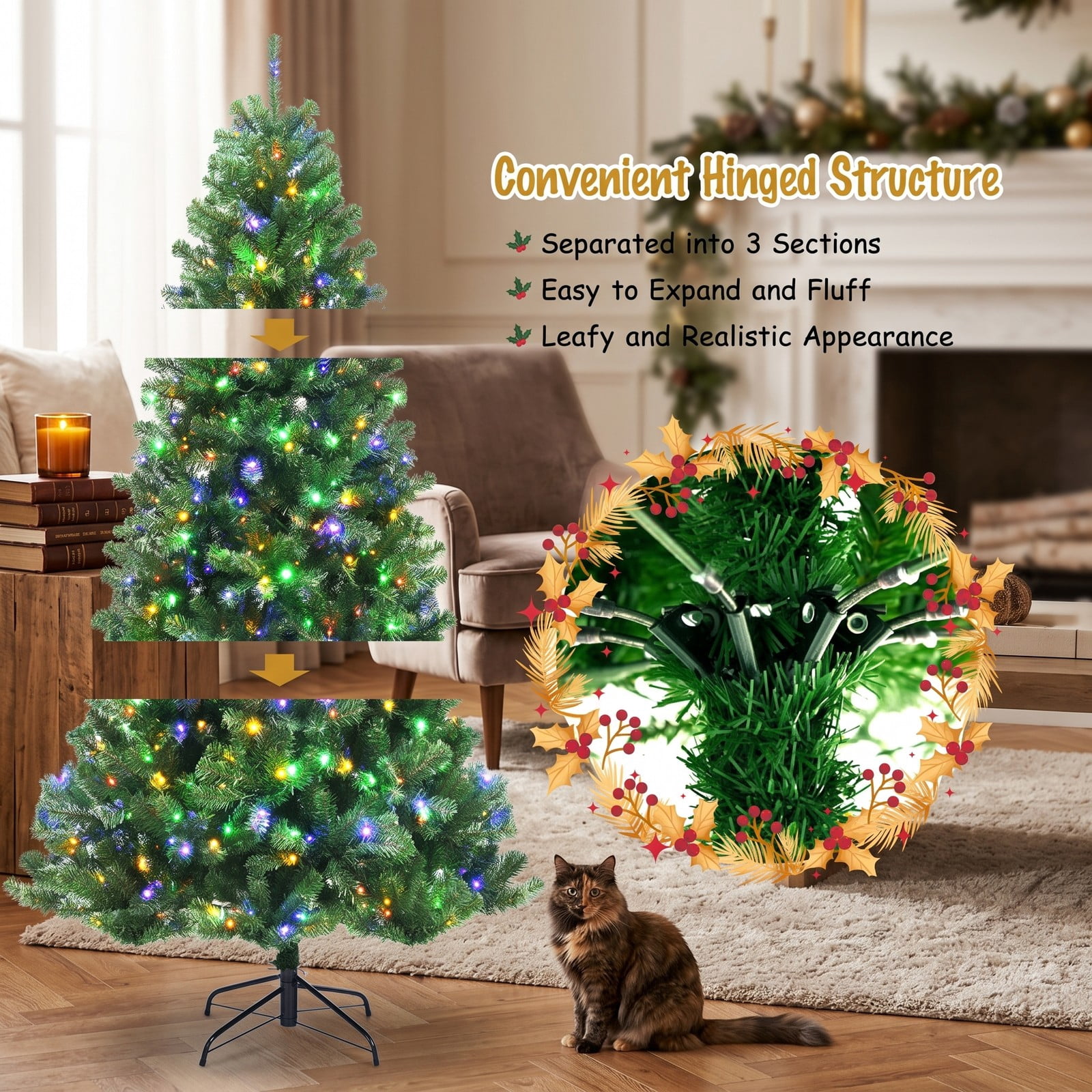 RUIE 8FT Pre-Lit Artificial Hinged Christmas Tree with 600 Remote-Controlled Color-Changing LED Lights, 1605 Tips Full Xmas Holiday Tree with Metal Stand, Green