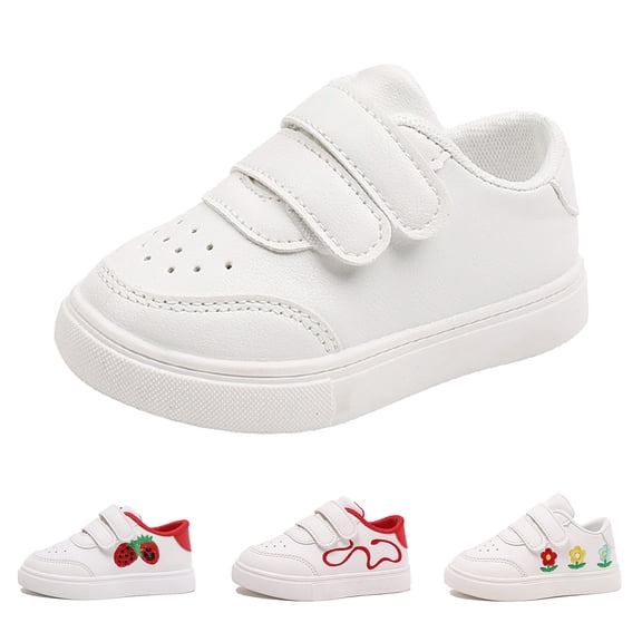 Girls' Athletic White Sneakers Student Running Shoes With Strawberry Embroidery And Sunflower Ribbon WH1 12 M-18 M