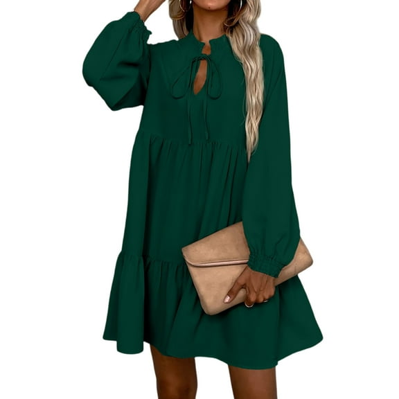 WTOBBY Women's Fall Long Sleeve Maxi Dress V-Neck Hollow Out Eyelet A-Line Casual Party Dresses with Layered Hem Detail for Autumn Season,Army Green L