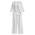 thumbnail image 3 of IWRICH Linen Sets for Women 2 Piece V-Neck 3/4 Sleeve Button down Top Wide Leg Pants Casual Summer Outfits Travel White M, 3 of 3