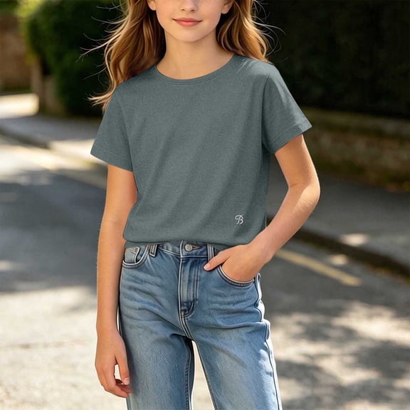 Bnwani Girls Shirts Solid Color Casual Shirt Crew Neck Comfortable Tops Gray Sizes 1-15
