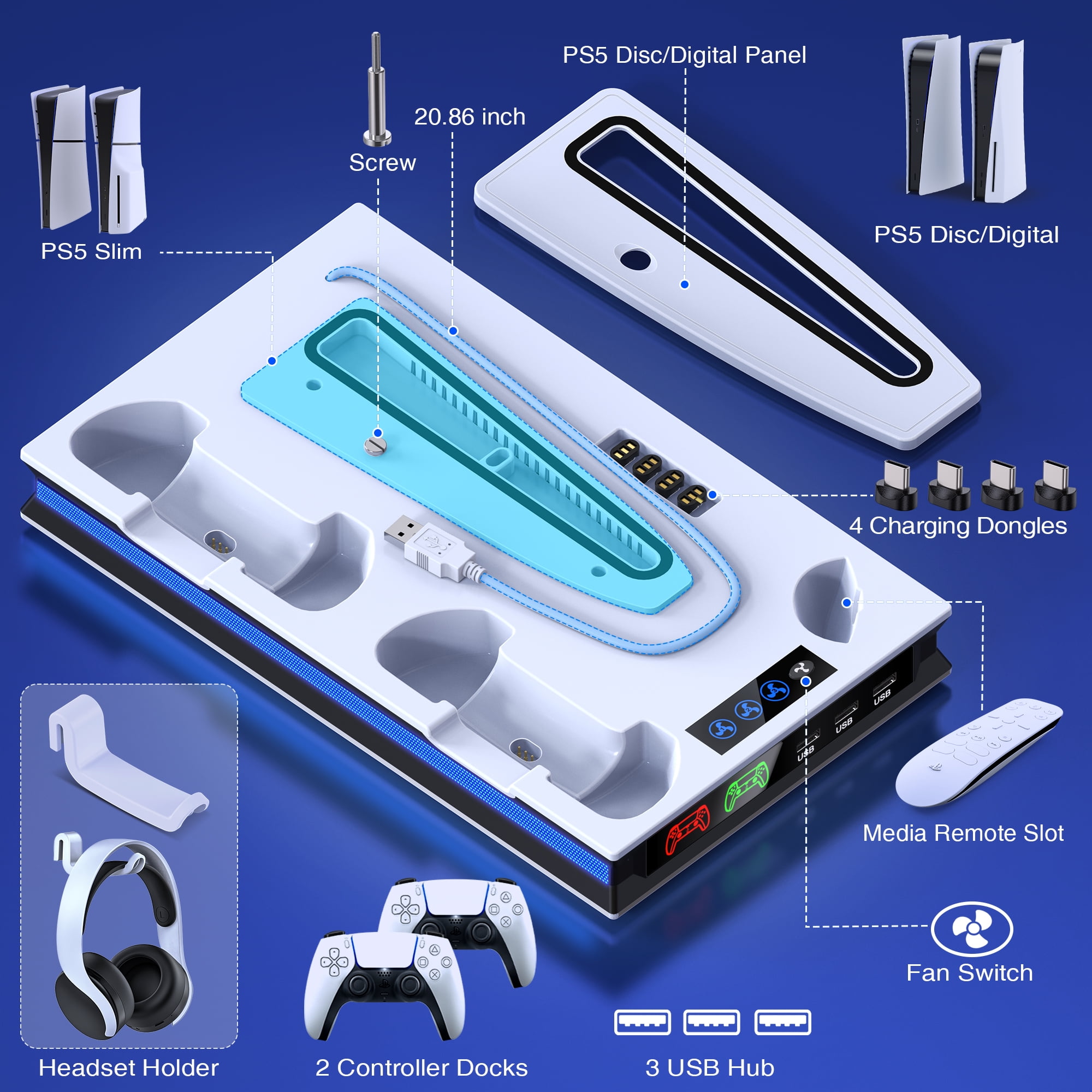 Beboncool PS5 Charging Station with Cooling Fan for Playstation 5/PS5 Pro/PS5 Silm, PS5 Accessories,White