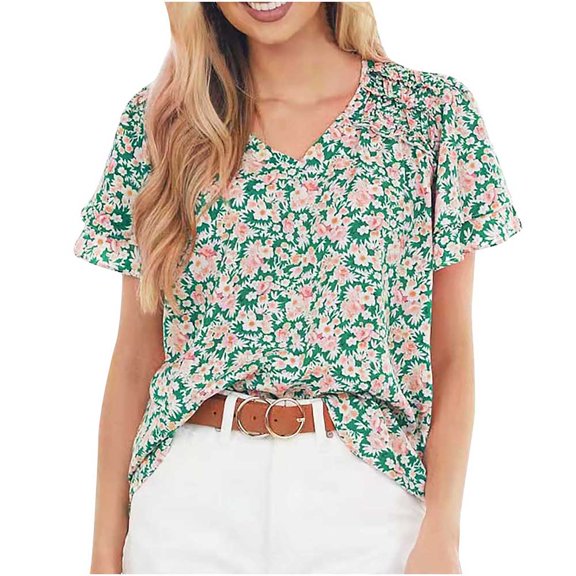 QLEICOM Womens Summer Tops Oversized T-shirts Short Sleeve Floral Printed V-Neck Casual Loose Tunic Tank Tops Women Shirts Blouses Green XXL