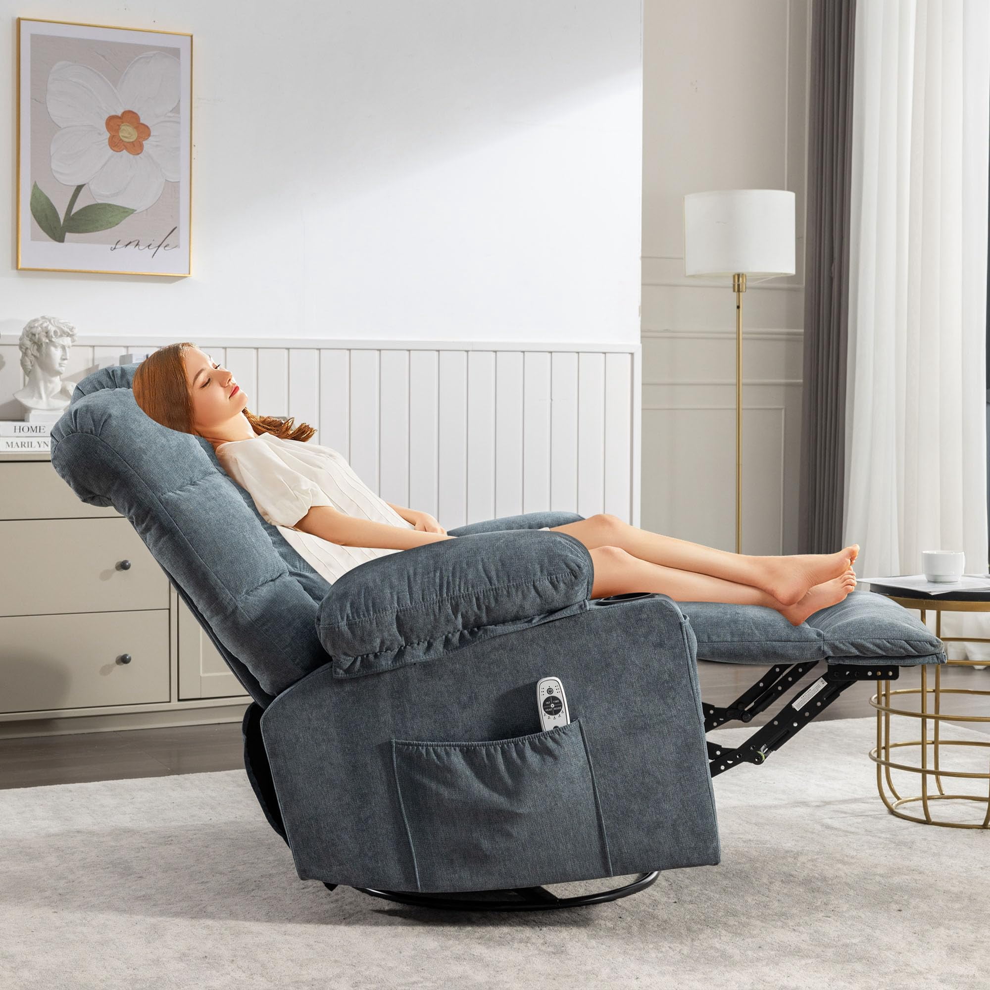 CARZZI LIFE Oversized Massage Swivel Recliner Chair with Lumbar Heating for Living Room Rocker Recliner Single Sofa with Cup Holders and USB Charge Port, Large Big Chair Recliners for Adult