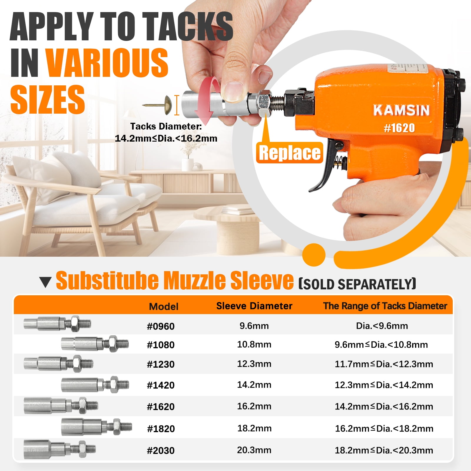 KAMSIN K1620 Pneumatic Decorative Nailer 41/64''(16.2mm) Diameter Air Upholstery Tacks Gun for Furniture