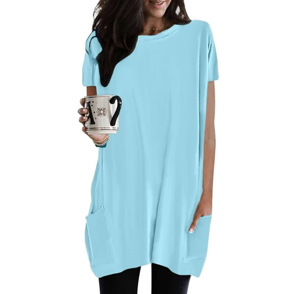 Hauaitttt Women Casual Fashion Solid Color Round Neck Short Sleeve Pocket Long Top New Day Shirt Long Sleeve Fitted Long Sleeve Spandex Shirt Athletic Tops for Women Short Sleeve Lightweight T Shirts