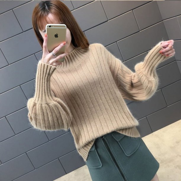 Suéter holgado de cuello alto con mangas acampanadas para mujer, jersey de primavera y otoño, camisa básica de punto de invierno a la moda y holgada