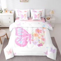 jejeloiu Colorful Cute Flower 7-Piece Bedding Comforter Set,Chic Butterfly King Bedding Sets,Pink White Purple Bed Sheets For Girls,Breathable Home Decor Reversible