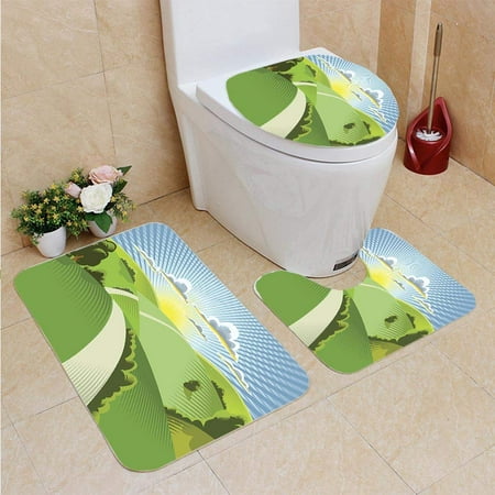CHAPLLE Sun Rising Behind Rolling Hills 3 Piece Bathroom Rugs Set Bath Rug Contour Mat and Toilet Lid