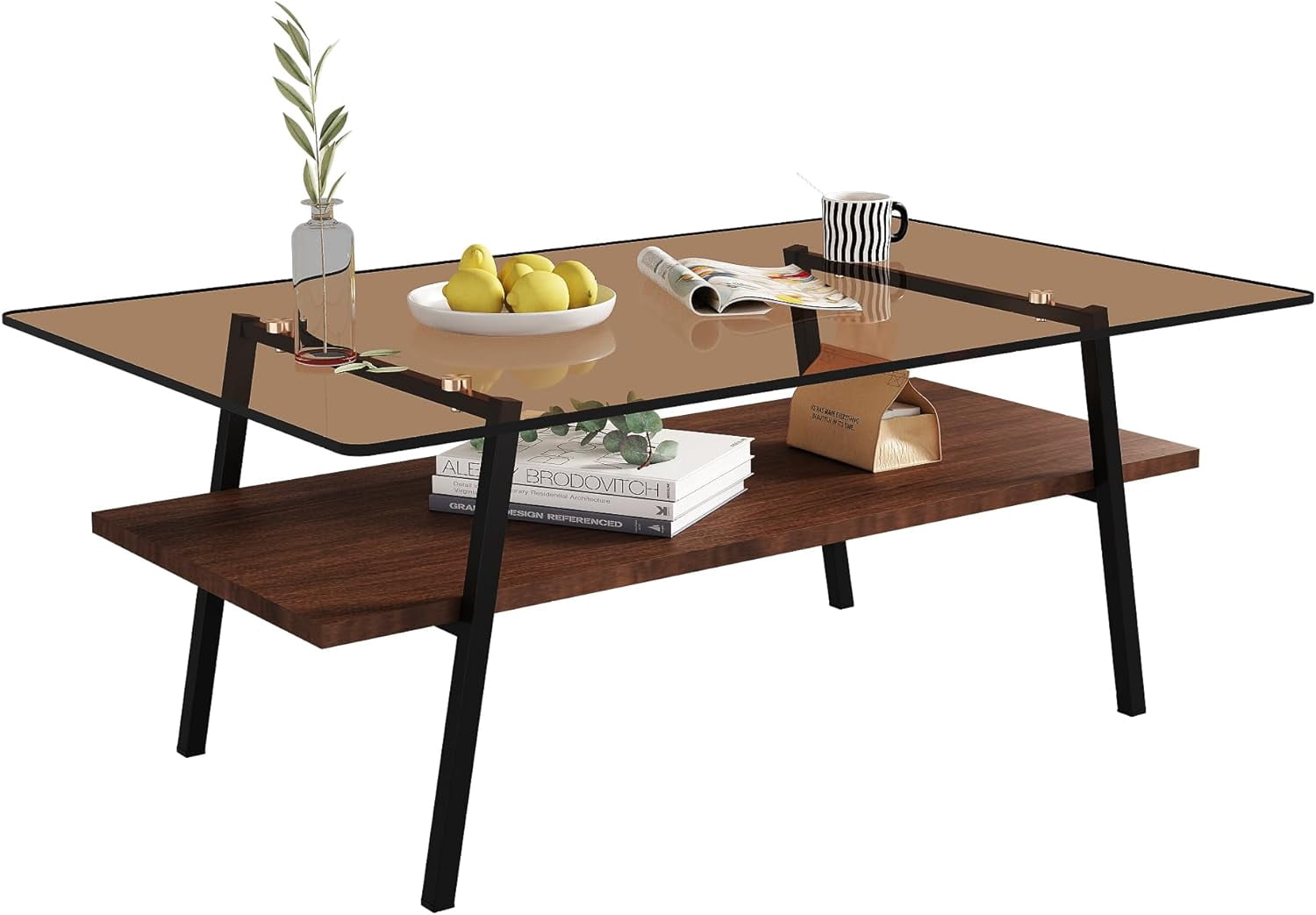 Holaki Glass Coffee Table, Rectangle Tempered Glass Table, 2-Tier Center Table  with Clear Tempered Glass Top Metal Leg, Mordern Home Office Furniture